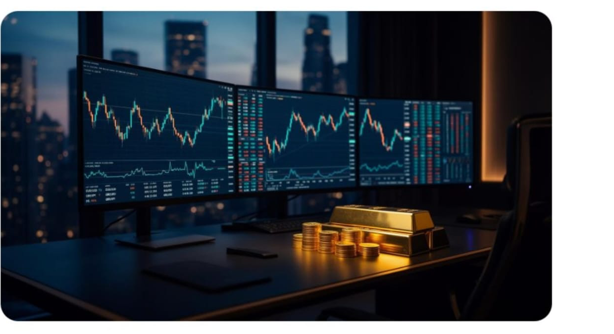 Glowing forex candlestick chart with currency symbols over a world map
