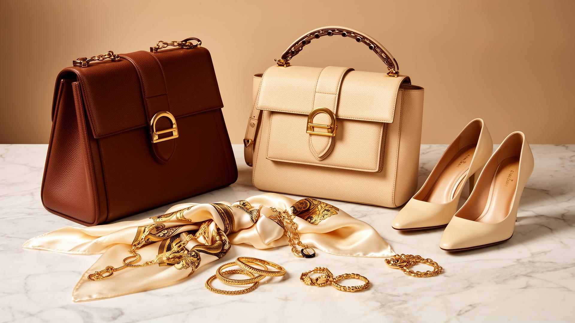 Designer handbags and luxury accessories arranged on marble