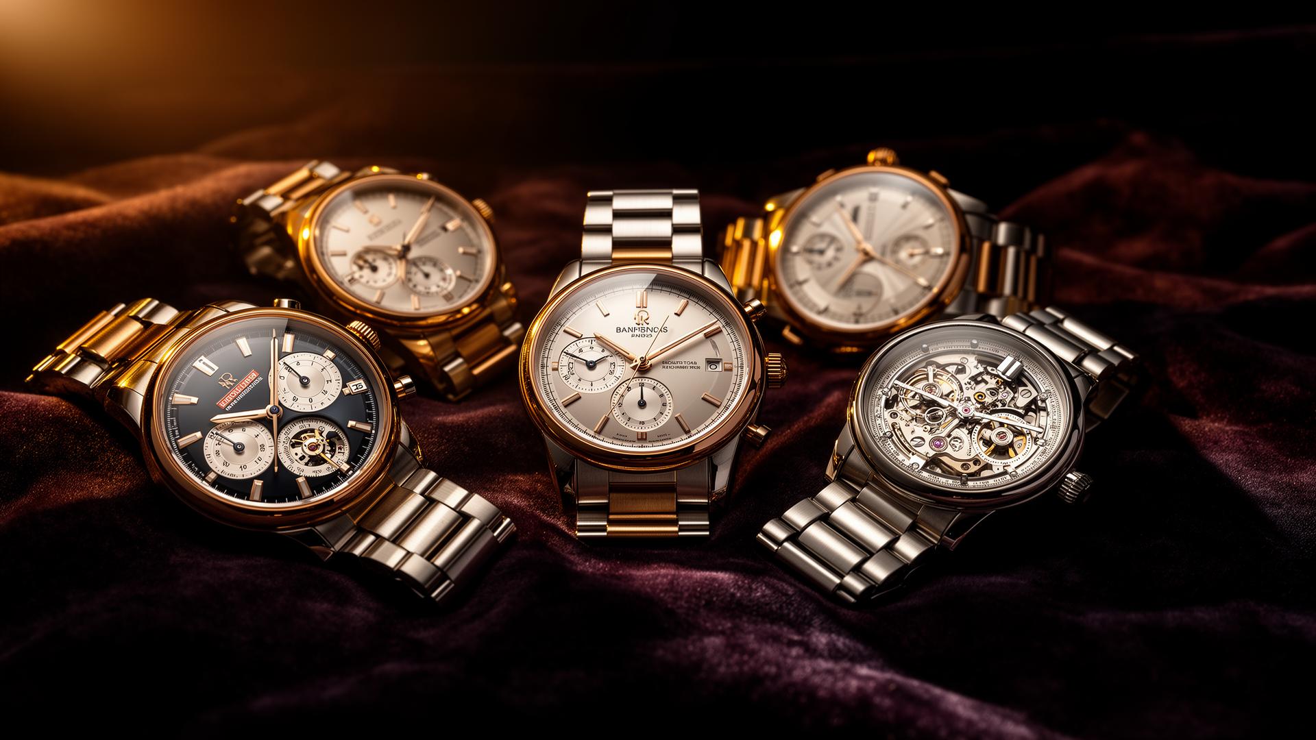 Luxury Swiss mechanical watches arranged on dark velvet