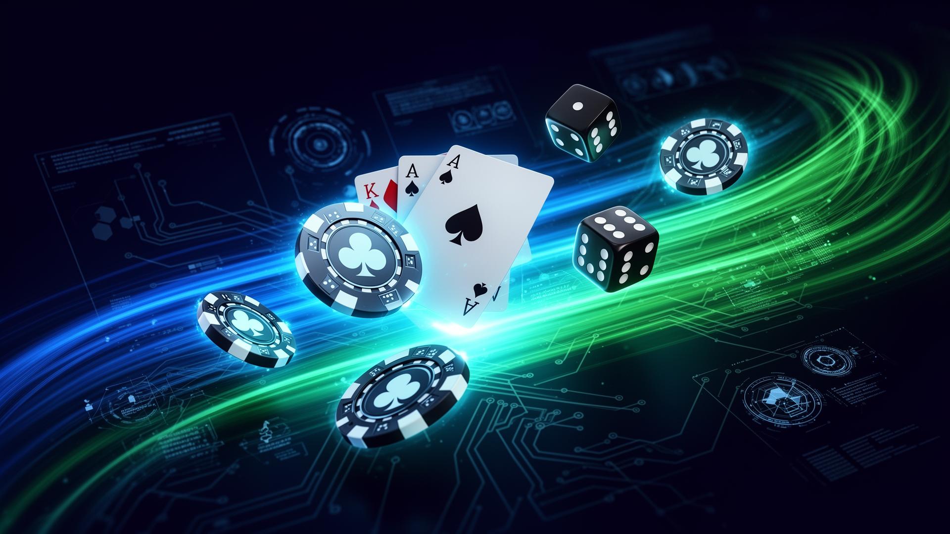 Digital poker chips and playing cards with neon light trails